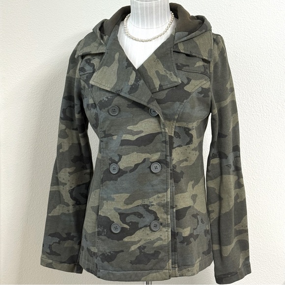 Vintage OP Camouflage Knit Pea Coat Jacket-Double Breasted-Hood-Juniors M(7-9) - Picture 1 of 16